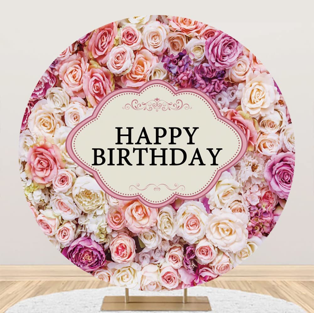 Renaiss 5x5ft Floral Round Backdrop Pink White Flower Happy Birthday Photography Background Circle Backdrop Stand Cover for Kids Girl Birthday Party Decoration Polyester Photo Prop