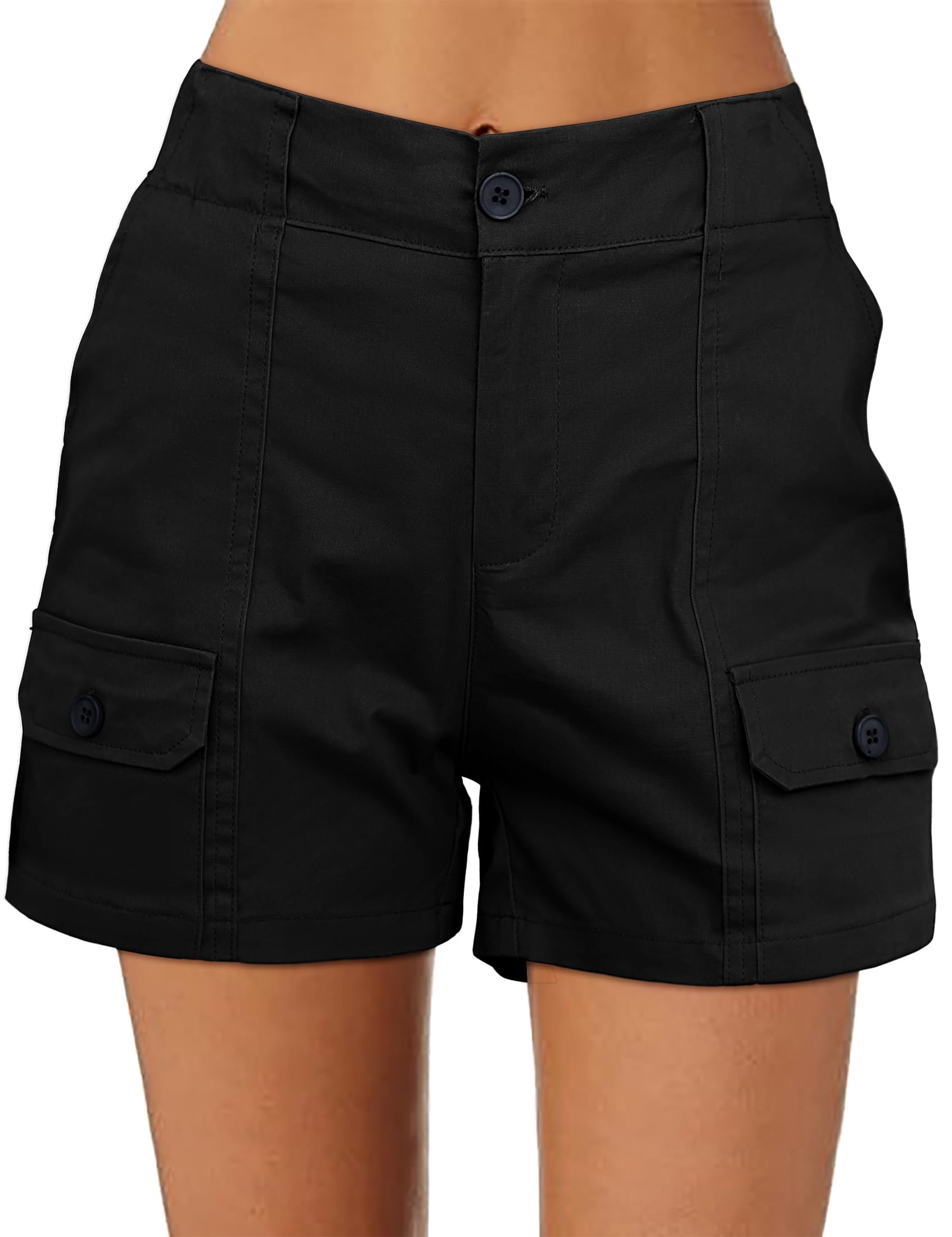 Photo 1 of (8-10) (BAGGED) luvamia Cargo Shorts for Women Casual Summer High Waisted Chino Shorts Ribbed Elastic Waist Utility Pockets Twill Stretch Comfy Short for Women Black Size Medium Fits US 8-10