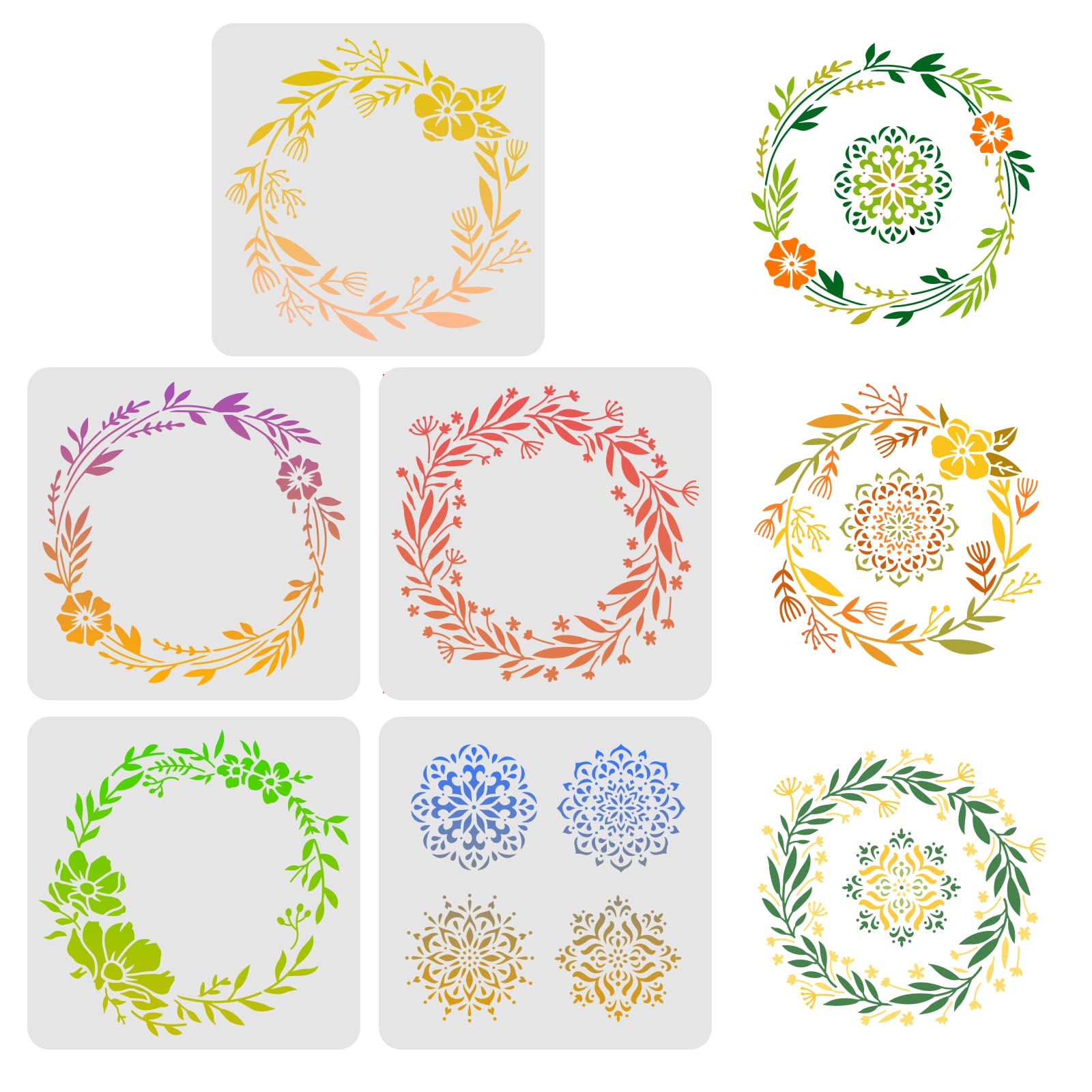 FINGERINSPIRE 5pcs Wreath Drawing Painting Stencils Templates 30x30cm Plastic Anadem Decoration Square Flower Stencils for Painting on Wood, Floor, Wall and Fabric