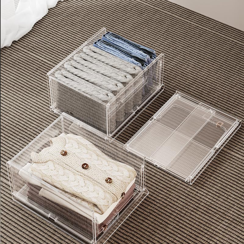 Jorunb Neutral Style Wardrobe Organizer Plastic Storage Bin Sweater Drawer Shelf Storage Container for Cupboard Kitchen Bathroom Office Bedroom (Transparent, Small 03)