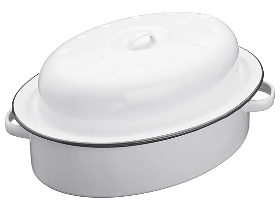 Kitchen Craft Living Nostalgia Emaille die Speisen automatisch beträufelnde Bräter mit Deckel, 33,5 x 24 x 14,5 cm – Weiß/Gra
