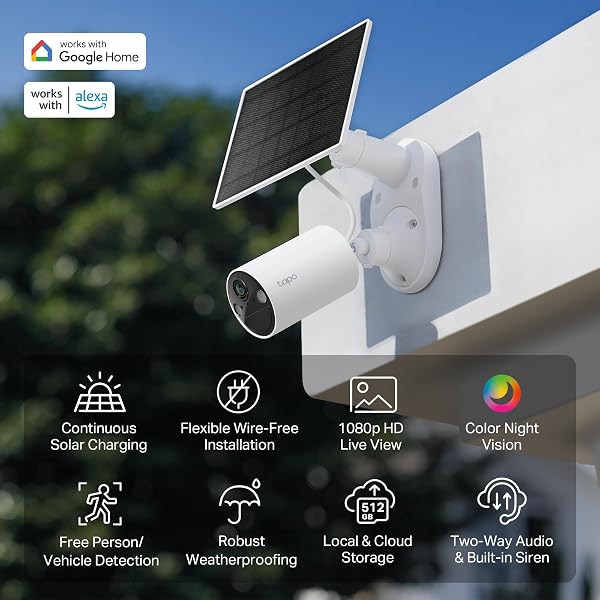 TP-LINK 𝗧𝗮𝗽𝗼 SOLARCAM C402 KIT, OUTDOOR BATTERY CAMERA W/SOLAR PANEL BASE, WIRELESS, 1080P, FREE PERSON/VEHICLE DETECTION, SD/CLOUD STORAGE, COLOR NIGHT VISION, NO HUB NEEDED, WORKS W/ALEXA