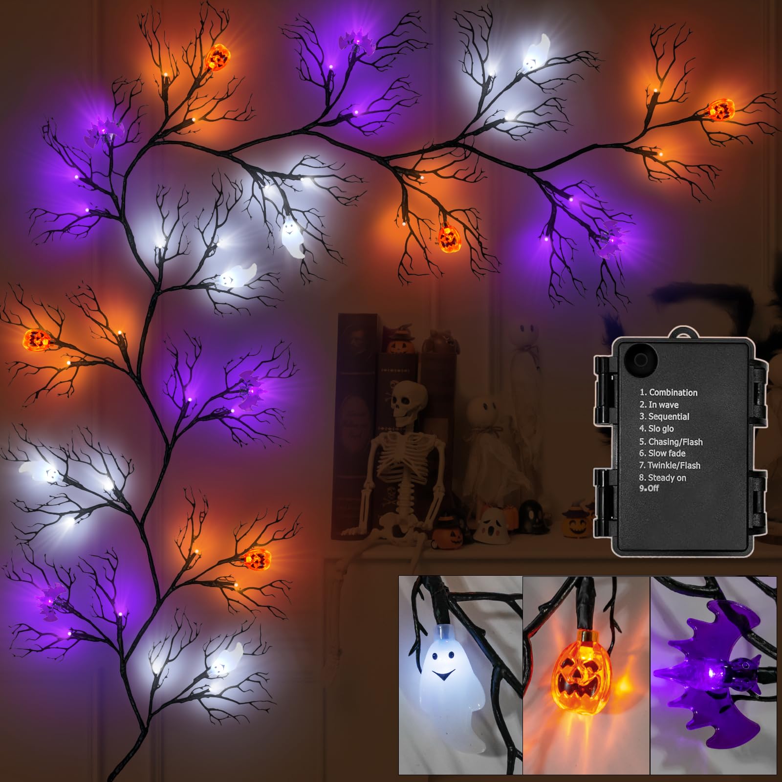 Photo 1 of [8 Modes & Timer] 6 Ft Halloween Decor Vine with 45 LED Lights, Adjustable Shape for Garland or Wreath, Suitable for Home,Bedroom,Wall,Fireplace,Mantle,Battery-Operated Indoor Halloween Decorations