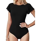 LAOLASI Women's Crew Neck Bodysuit Ruffle Short Sleeve Slim Fit Casual Basic Stretchy Body suit Daily Jumpsuit T Shirts
