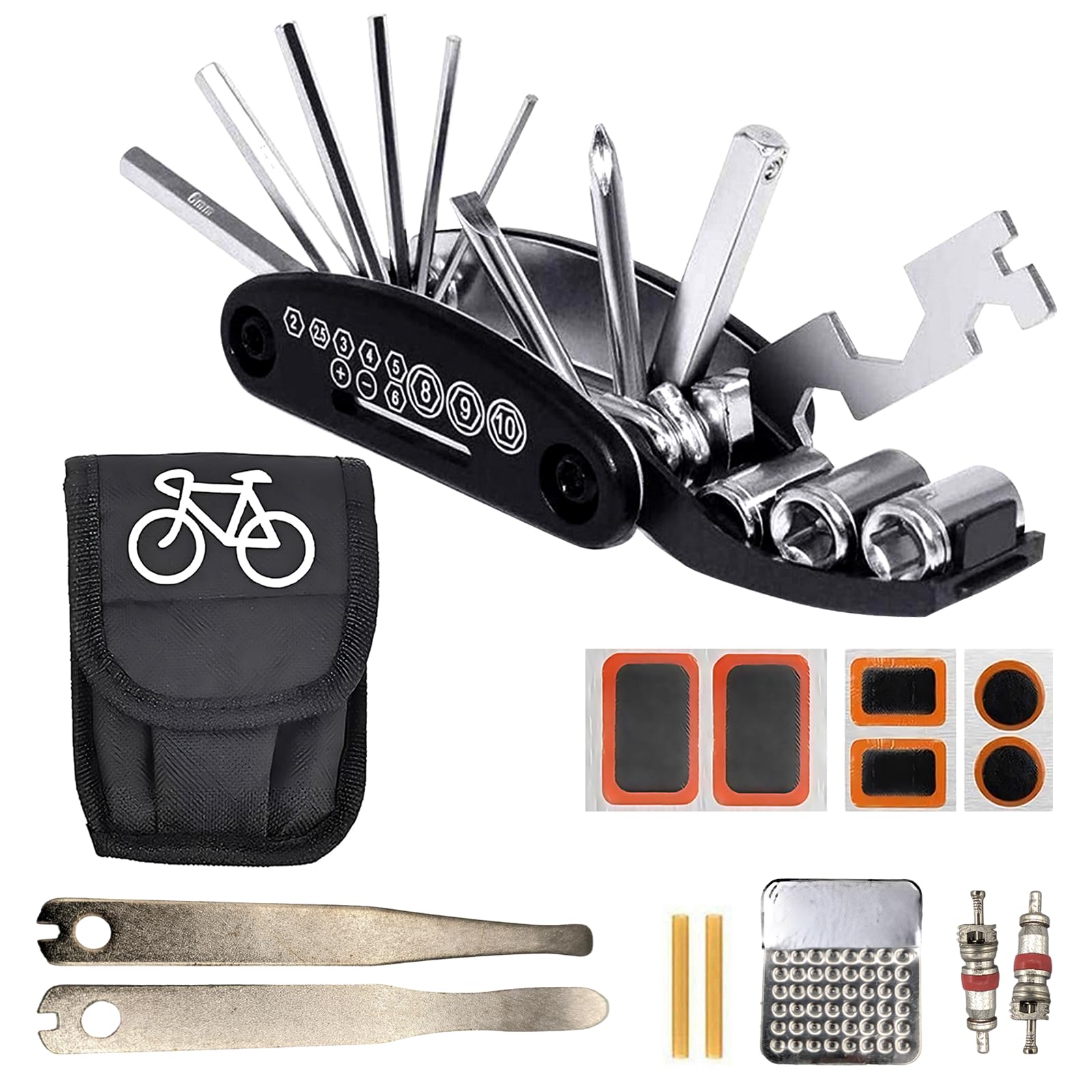 Bike Repair Multitool Kit, Tire Repair Tool kit, Bicycle Fixing Multitool Kit Contains 16-in-1 Tool with Patch Kit & Tire Levers Bike Accessories, Used for Road Bikes & Mountain Bikes
