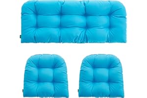 YOOZEKU Outdoor/Indoor All Weather Tufted Wicker Chair Cushions of 3 Pieces, 1 Loveseat and 2 U-Shape Waterproof Cushions for Patio Furniture,Wicker Loveseat,Bench-Aqua Blue