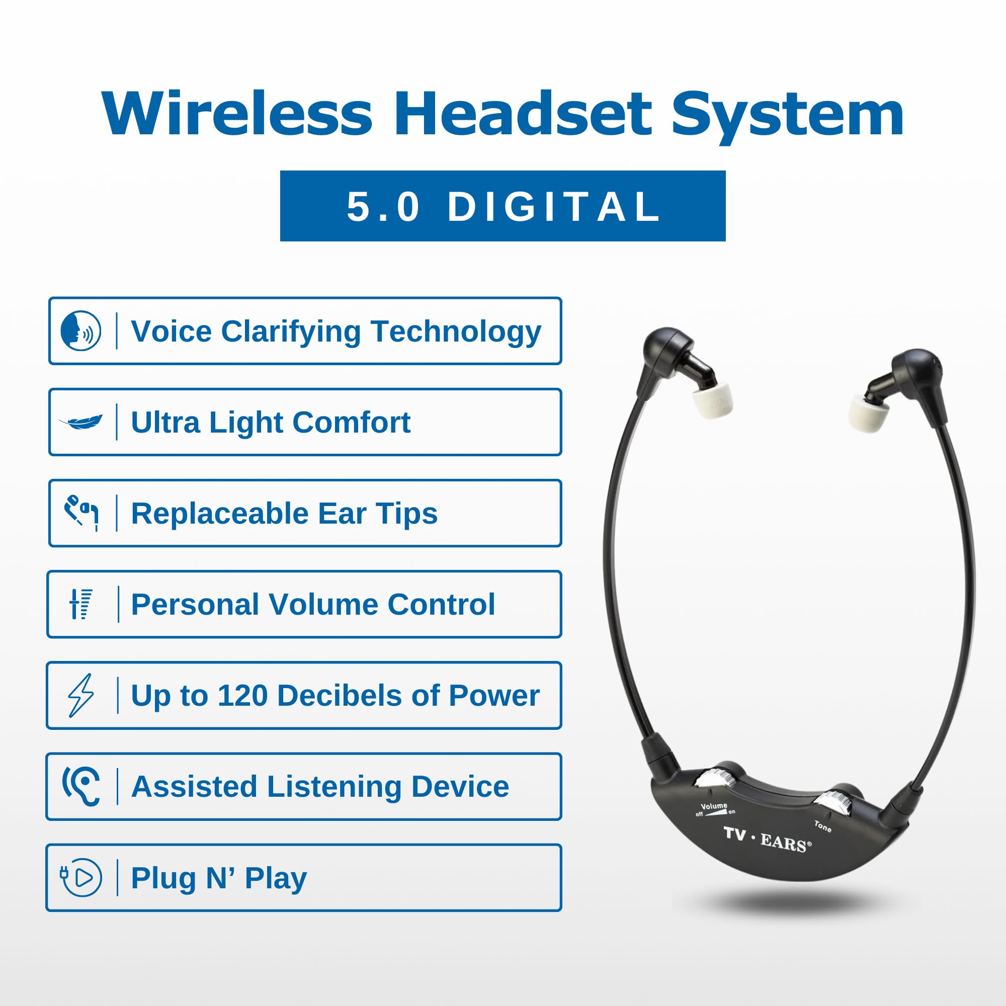 TV Ears Digital Wireless Headset System for Seniors – Personal Volume Control, TV Hearing Device, No Audio Delay, Plug-N-Play, Works with Most TV Brands, Ideal for Hearing Impaired – Model 11741