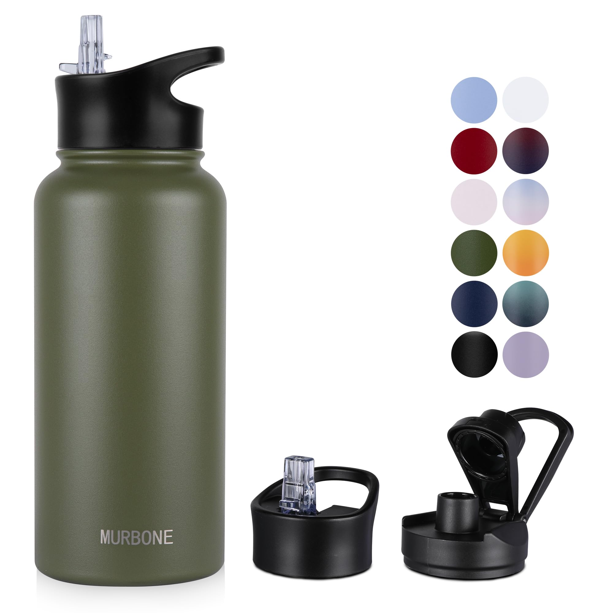MURBONE Insulated Water Bottle, 1L Stainless Steel Drink Flask with Straw, BPA Free, 2 Lids (Straw Lid and Spout Lid), Leakproof Double Walled Vacuum Water Bottle, Army Green