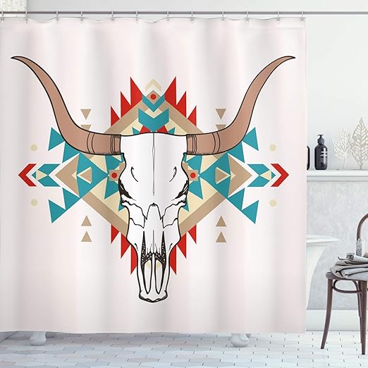 Amazon Com Ambesonne Western Shower Curtain Bull Skull Illustration With Ornament Geometric Style Cloth Fabric Bathroom Decor Set With Hooks 75 Long Blue Home Kitchen