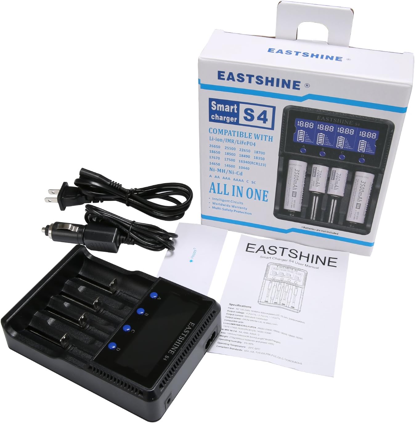 Universal Smart Battery Charger 4 Bay for Rechargeable Batteries Ni-MH Ni-Cd AA AAA C Li-ion LiFePO4 IMR 18650 26650 14500 16340 18500 10440 18350 17670 RCR123a with Car Adapter LCD Display UL Listed: Home Audio & Theater