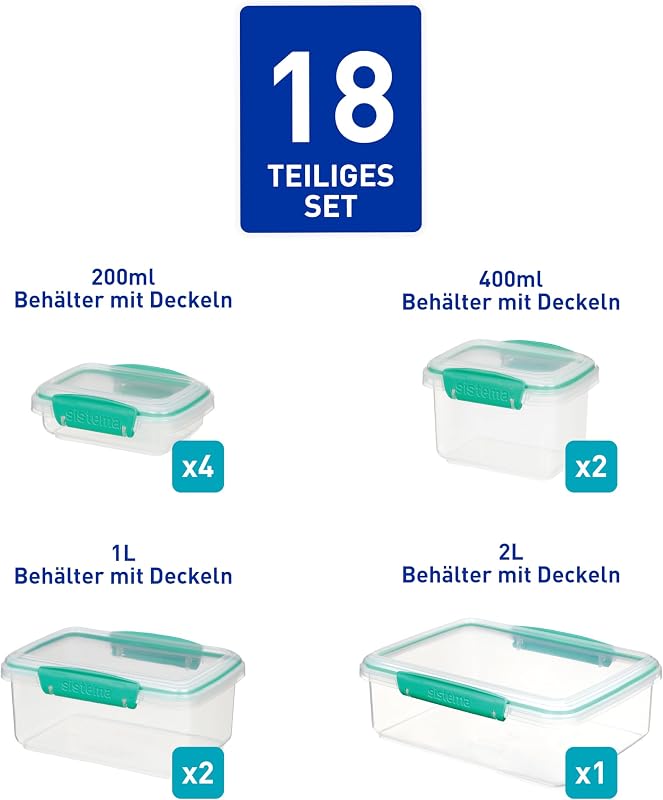 KLIP IT Vorratsdosen | Luftdichte und stapelbare Frischhaltedosen mit Deckel | Pausenbrotdosen und Snackdosen | 18 Teile (9 Dosen und Deckel)