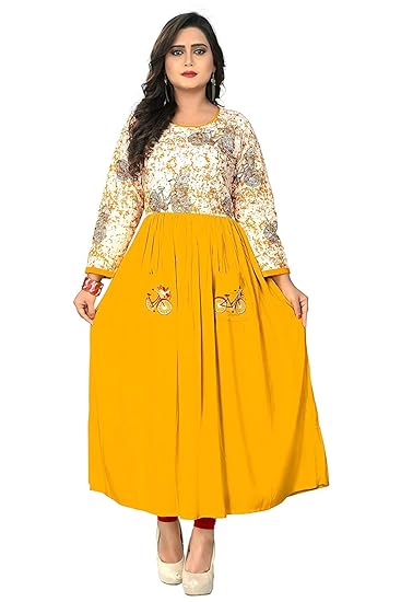 Navabi Export Womens Rayon Printed And Plain Yellow Color Kurti (VF-KU-184)