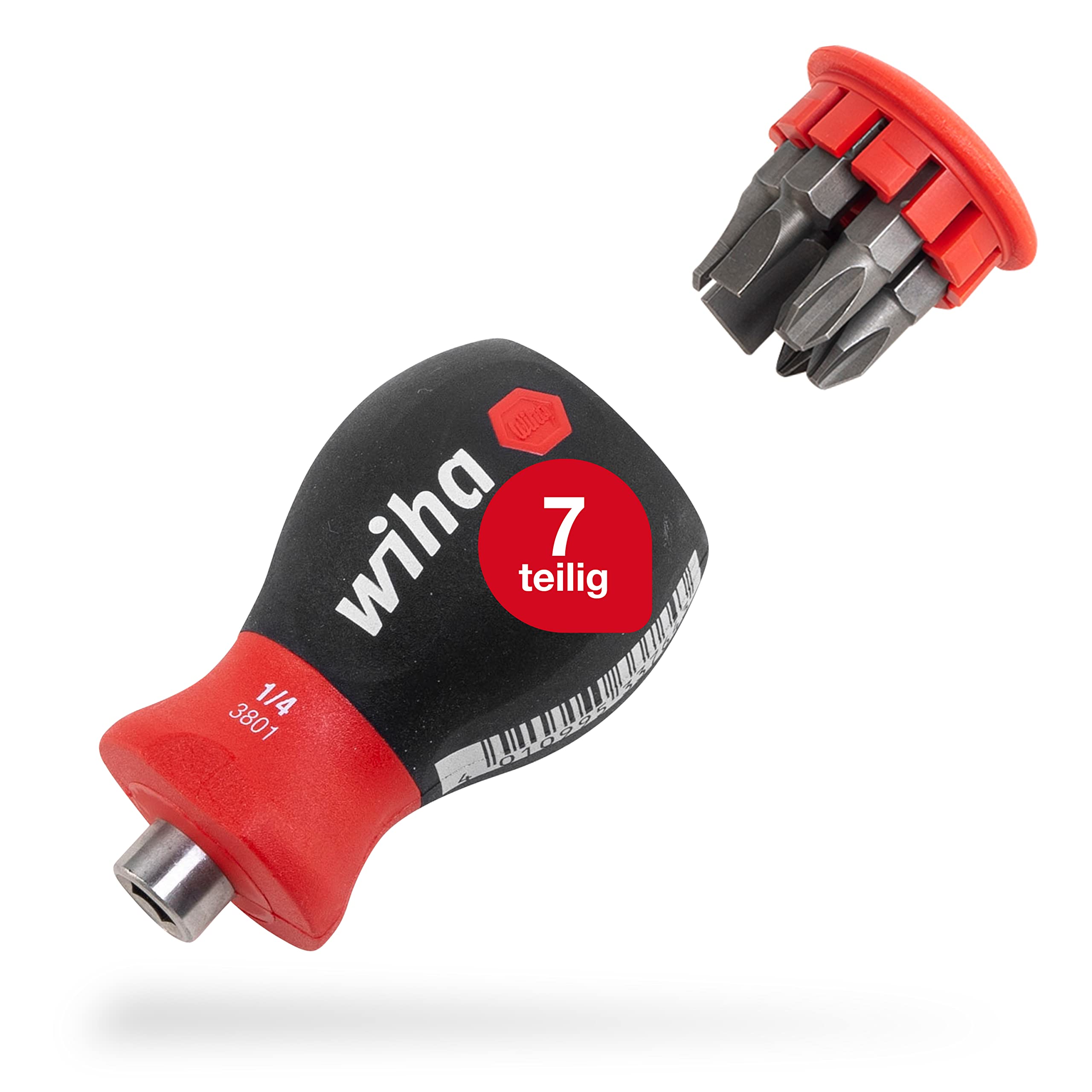 Wiha Schraubendreher Stubby mit Bit Magazin magnetisch (33736) I Schlitz, Kreuz I mit 6 Bits, 1/4"