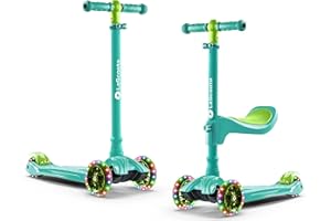 LaScoota 2-in-1 Kids Kick Scooter, Adjustable Height Handlebars and Removable Seat, 3 LED Lighted Wheels and Anti-Slip Deck, for Boys & Girls Aged 3-12 and up to 100 Lbs.