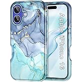 Btscase for iPhone 16 Case (2024),[Military Grade Drop Tested] Marble Pattern Design Slim Rugged Shockproof Women Girls Men Protective Anti-Scratch Cover for iPhone 16, Blue Cyan