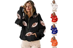 FEUNU Womens Game Day Hooded Sweatshirt Football Sequin Hoodies Long Sleeve Fleece Pullover Oversized Tops Fashion Outfits