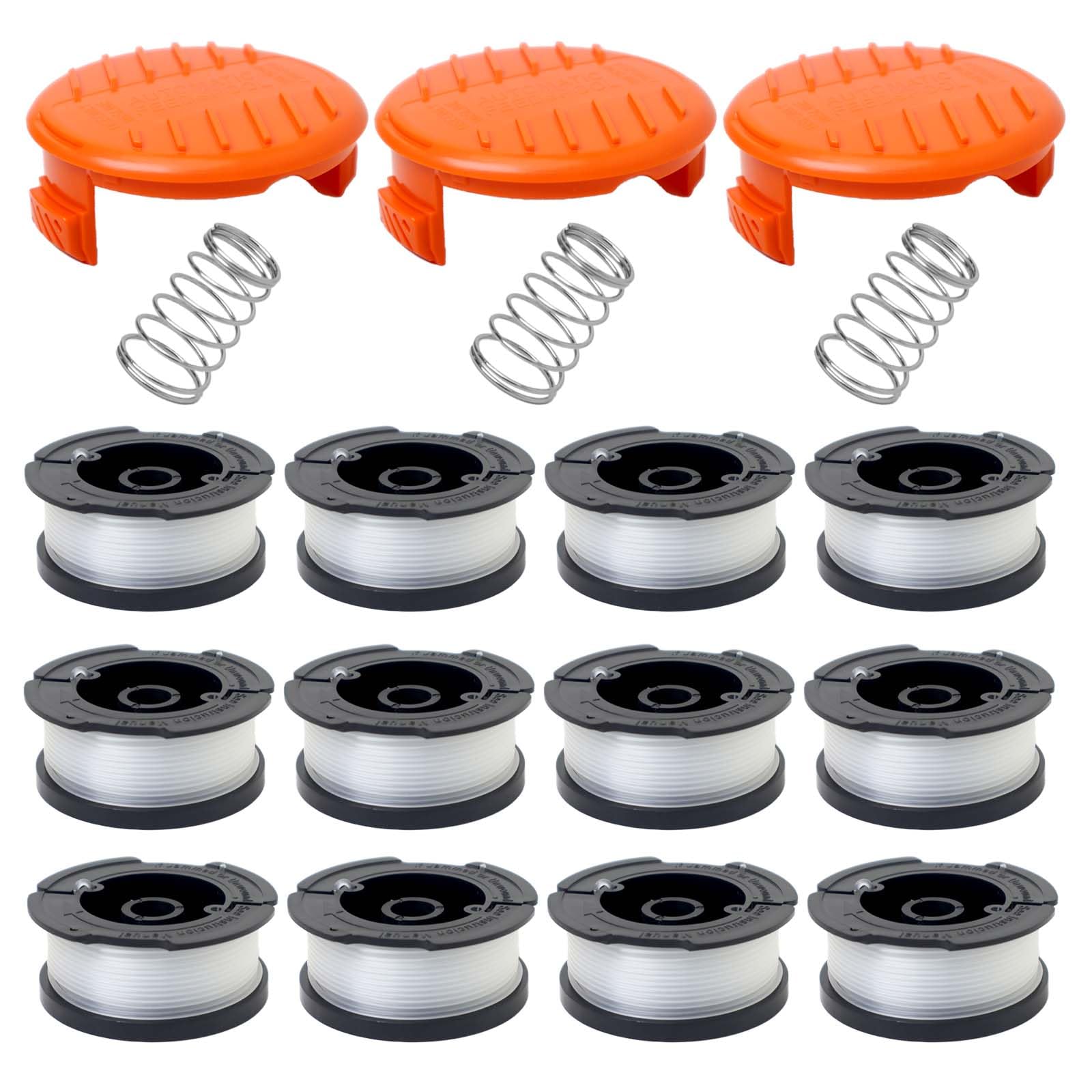 12 Pack String Trimmer Replacement Spool Compatible with Black+Decker, 30ft 0.065" AF-100 Autofeed Replacement Spools, Compatible with Black+Decker String Trimmers, 12 Line Spools+3 Caps+3 Springs