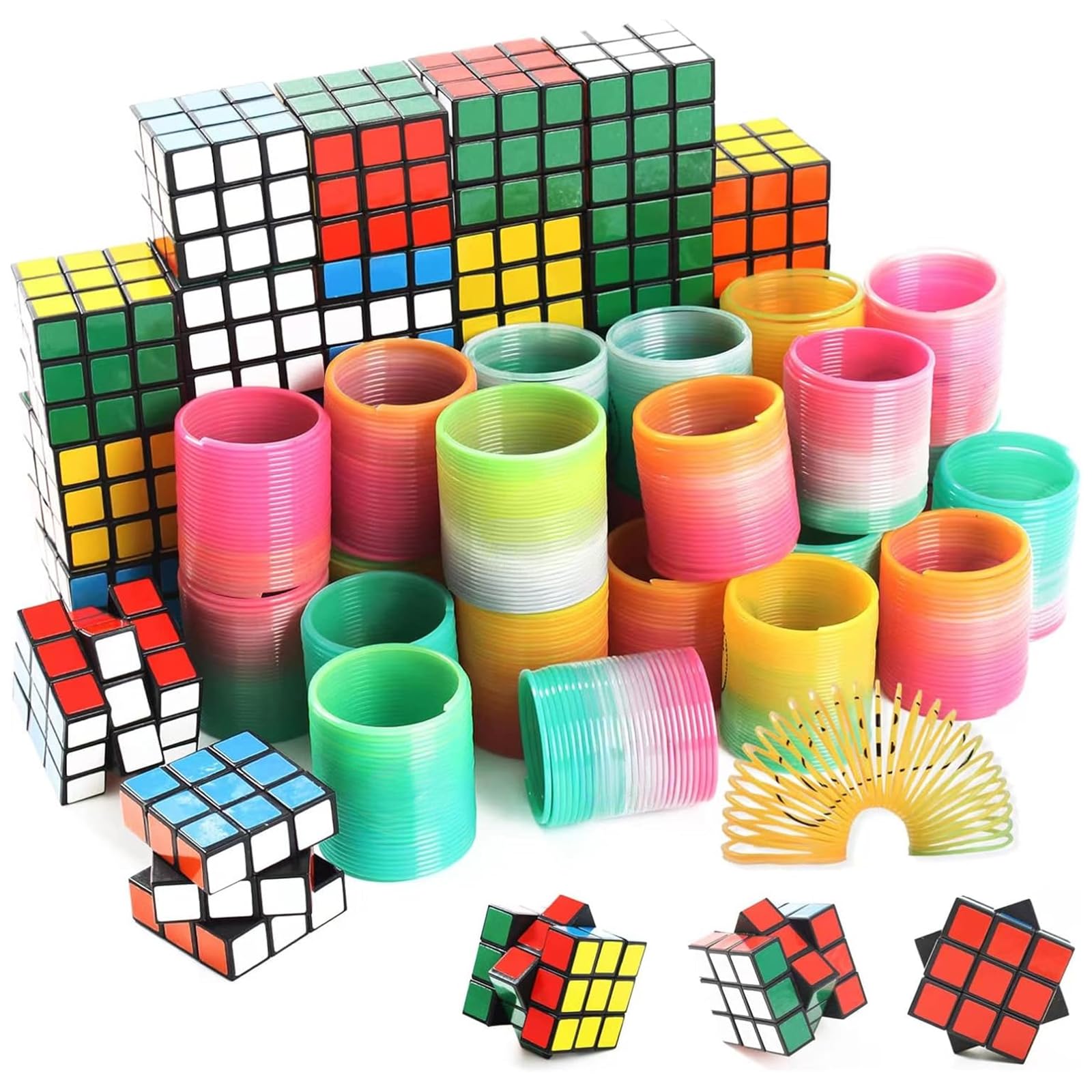 MUSUNFE 48 Party Bag Fillers, 24 Mini Smiley Face Springs and 24 Puzzle Cubes, 3x3 Centimeter