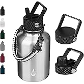 BJPKPK Insulated Water Bottles with Straw Lid, 50oz Large Water Jug, Stainless Steel Vacuum Bottles, Hot & Cold Thermo with 3 Lids and Paracord Handle,Stainless Steel