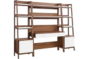 Modway 3-Piece Home Office Desk and Bookshelf Display Case in Walnut White