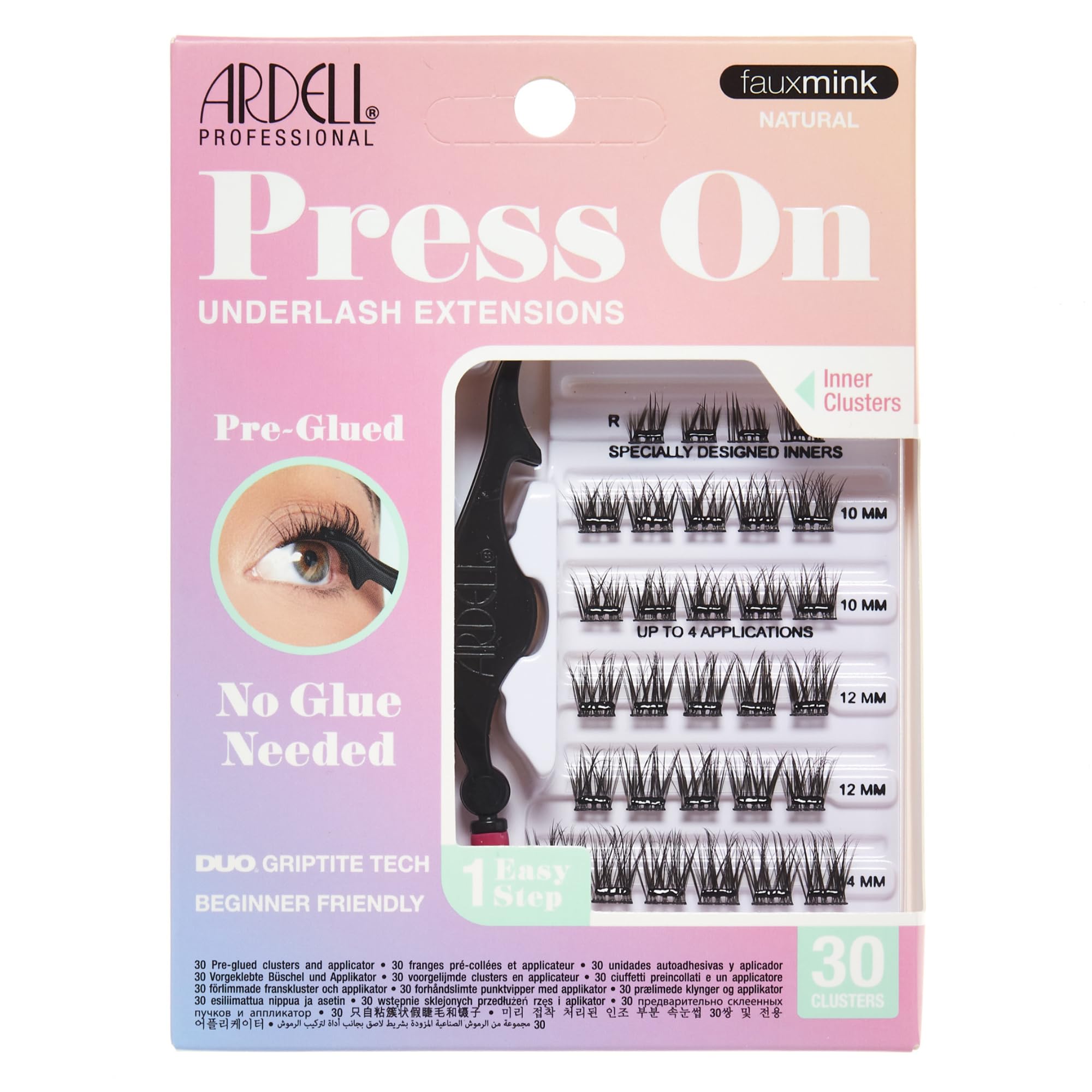 Ardell Press On Pre-Glued Underlash Eyelash Extensions, Faux Mink Natural Cluster Lashes Kit, Beginner-Friendly DIY Lash Extension Kit with Applicator, Assorted Lengths, 30 Lash Clusters