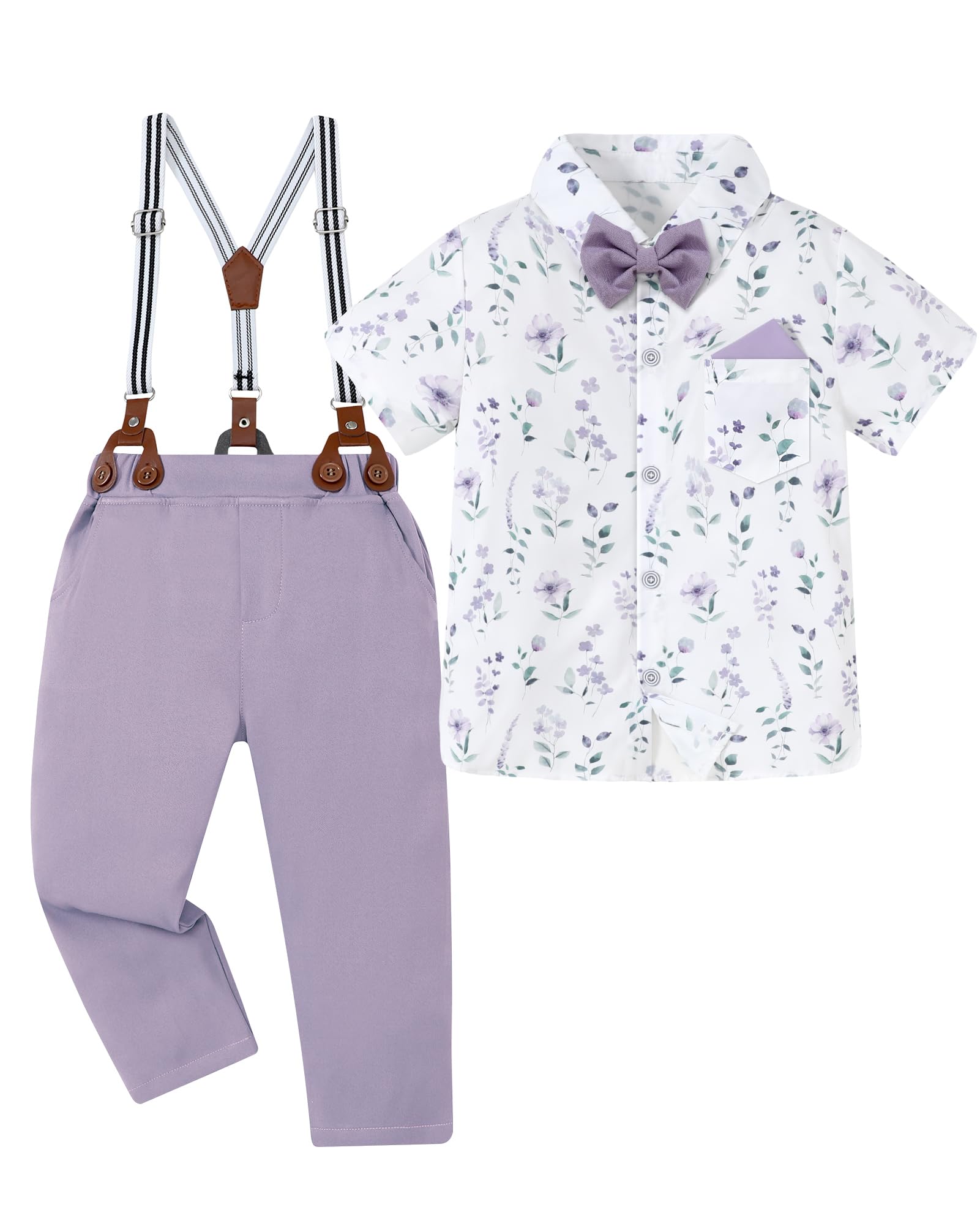 Photo 1 of YUEMION Toddler Boy Clothes Suit Wedding Outfit Boys Dress Short Sleeve Shirt+Bowtie+Suspender Pants, Kids Gentleman Formal Set (Purple Flowers, 7-8 Years)