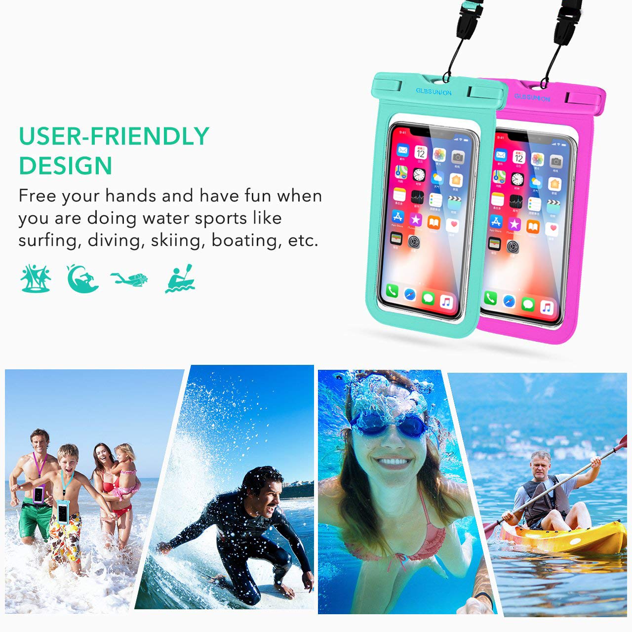 GLBSUNION Universal Waterproof Case, IPX8 Water Proof Phone Pouch Dry Bag Compatible for iPhone Xs Max/XR/X/8/8P/7/7P Galaxy up to 6.5\