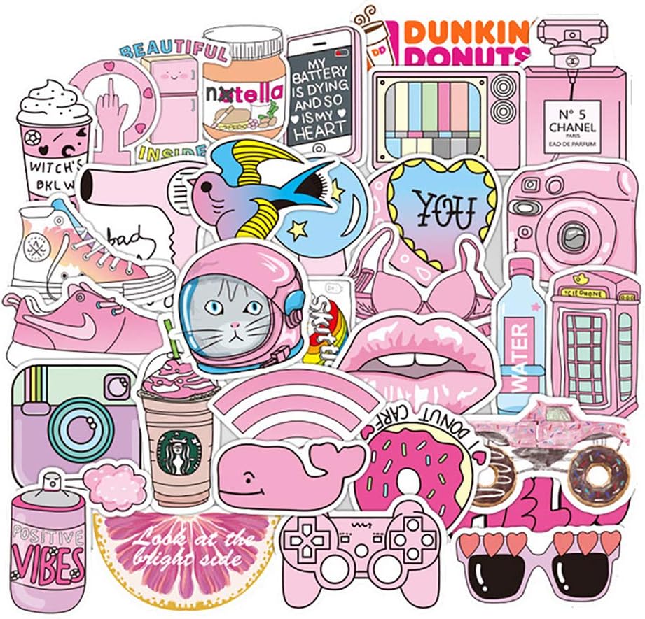 50 PCS Cute Stickers Teen Kids Girls Pink Cartoon Sticker Water Bottle Laptop Sticker Decal, Waterproof Trendy Stickers for Waterbottle Phone Notebook Skateboard Motorcycle Bicycle Luggage Guitar - B