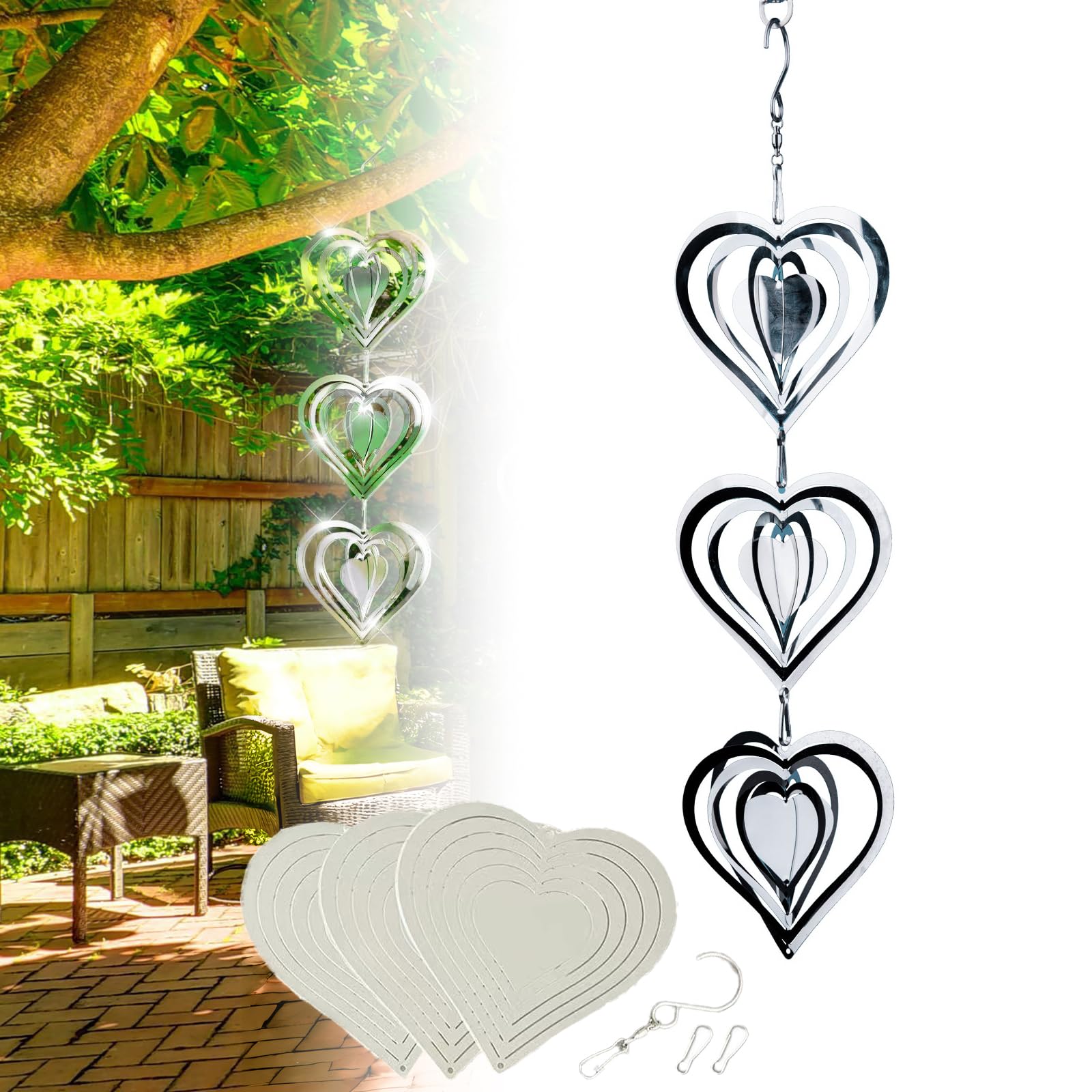 Stainless Steel Wind Spinner,3D Silver Indoor Outdoor Garden Decoration Crafts Ornaments,Metal Wind Chimes for Outside Decor,Decorations to scare away yard birds (3 hearts)