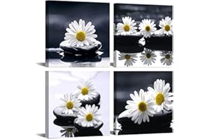 Yxbhhym-Black and White Wall Art Zen Décor Canvas Print Daisy Poster Painting Flower Stone Picture Meditation Artwork for Bat