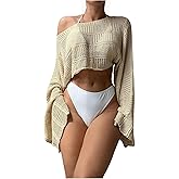 SHENHE Women's Hollow Out Crochet Boat Neck Long Sleeve Sheer Crop Swimsuit Cover Up Top