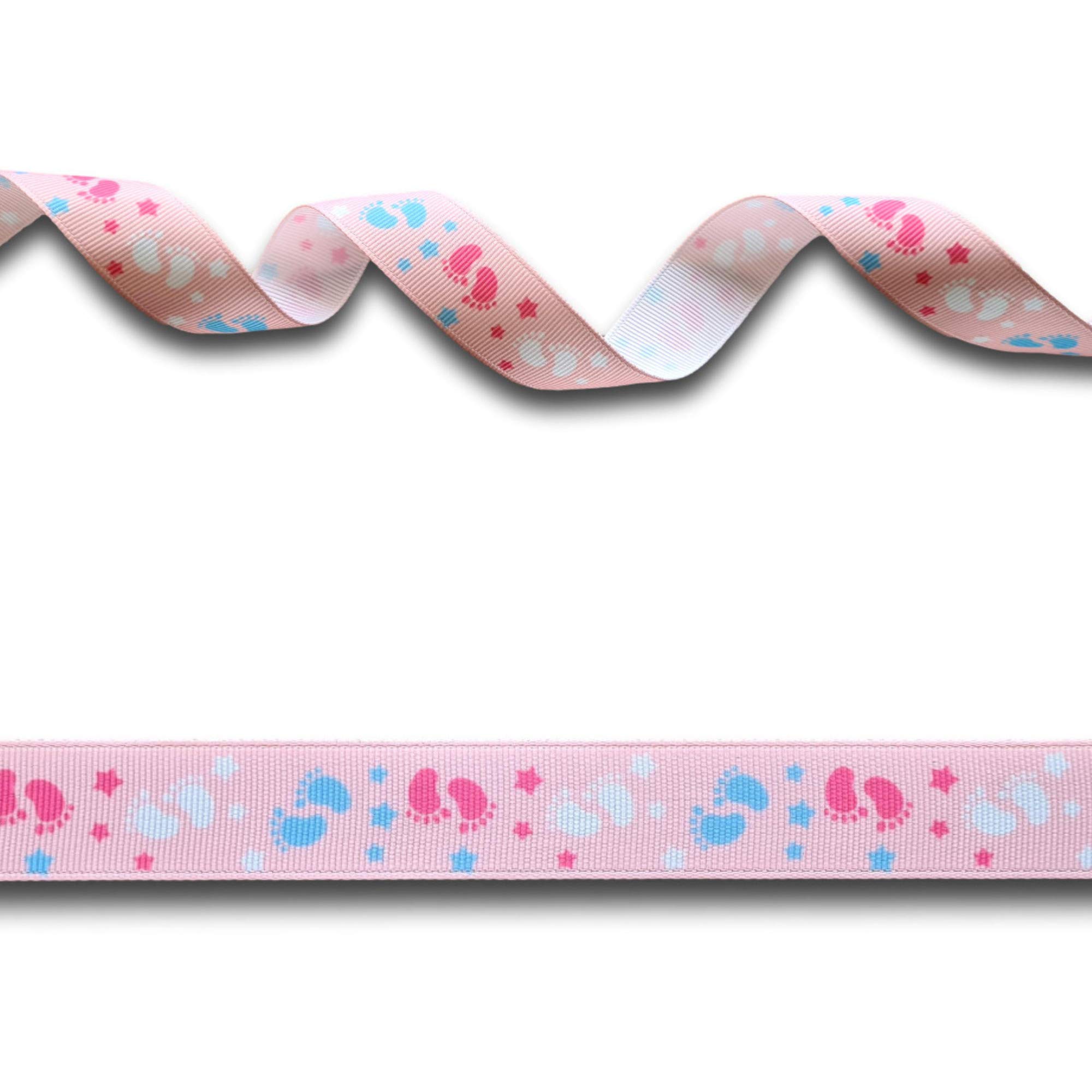 5 Yards (4.57 metres) White, Blue & Pink Baby Footprints Grosgrain Ribbon 22mm Wide, Ideal for Craft Projects, Scrapbooking, DIY Hair Bows, Present Wrapping etc.