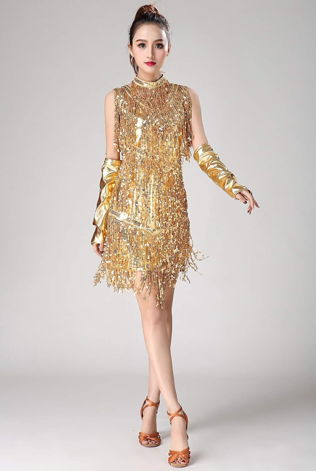 ZX 1920s Inspired Sequin Fringe Sleeveless V Neck Flapper Party Dance Dress 4 Pieces Outfits (7 Colors): Clothing
