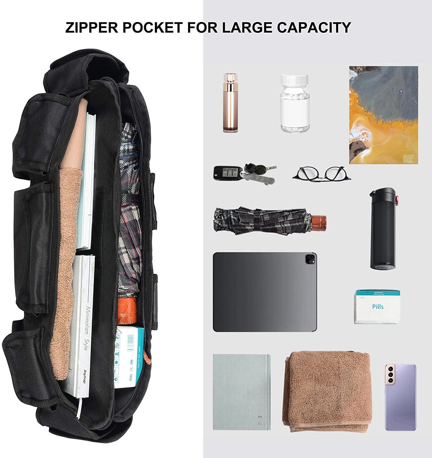 supregear Walker Bag, Folding Walker Basket Organizer Pouch Tote with Multiple Pockets and Zippered Compartment for Walker Rollator Scooters Wheelchair, Hook & Loop Design Storage Bag (Black)