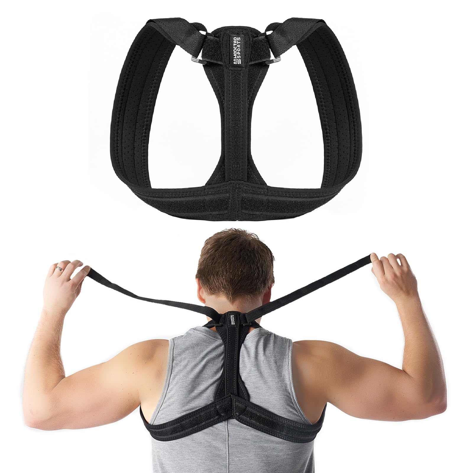 Modetro Sports Back Brace Posture Corrector – Large, Upper Back Support Posture Brace for Men and Women - Unisex, Shoulder and Spine Support for Physical Therapy – Black