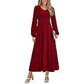 PRETTYGARDEN Fall Dresses for Women 2025 Casual Long Sleeve V Neck Smocked A Line Long Flowy Wedding Guest Dress