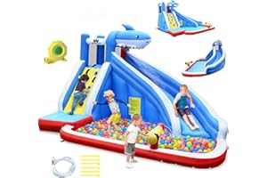 BOUNTECH Inflatable Water Slide, Shark Water Slide Park Jump Castle Bounce House w/Climbing, Water Cannon, Splash Pool, Blowe