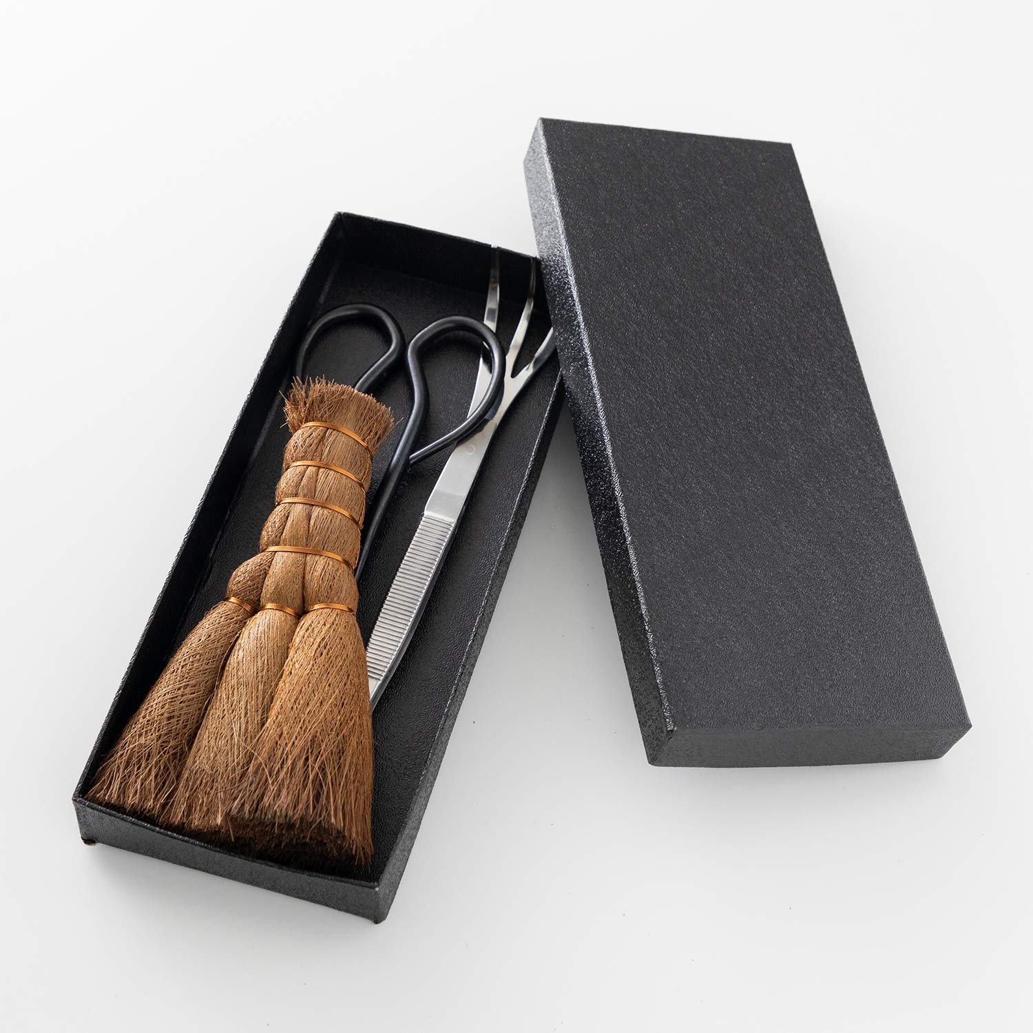 Wazakura 3PCS Japanese Bonsai Kit Garden Tool Starter Set Made in Japan, Scissors + Stainless Tweezers with Rake + Chinese Broom, Japanese Gardening Beginner Kit - Satsuki Model