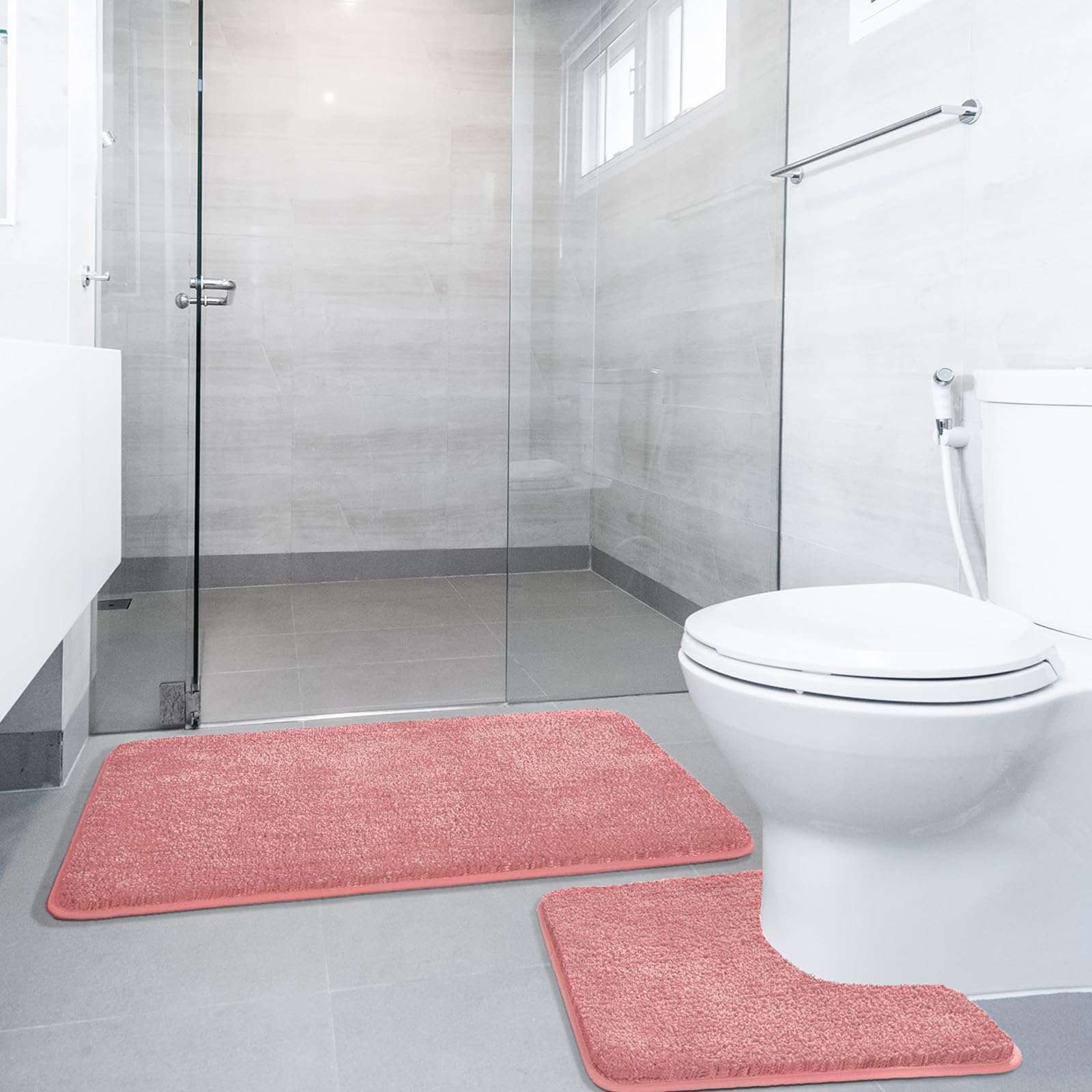SOANNY Non-Slip Bath Mat Set of 2, Luxury Thick Microfiber Shaggy Bathroom Rugs, 50 X 80 CM Soft Plush Shower Mat & 50 X 50 Toilet Pedestal Carpet, Machine Washable, Absorbent, Pink