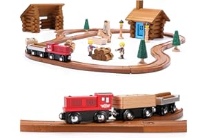 SainSmart Jr. 100 PCS Wooden Train Set with Log Cabin, Toddler Buildable Train Track - Real Wood Building Blocks Construction Toy for 3,4,5 Year Old Boys and Girls - Lumber Mill