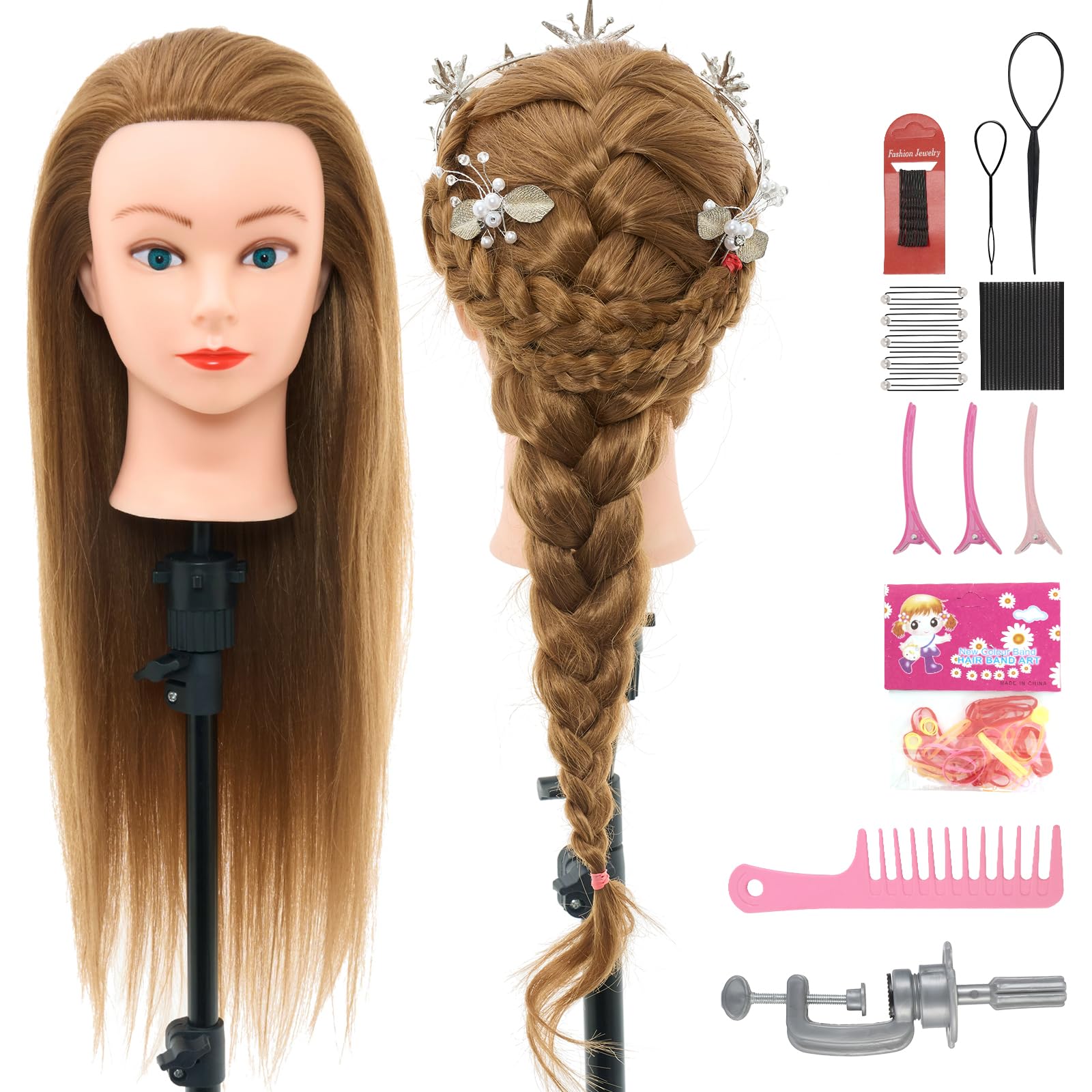 Neverland Hairdressing Head 26"-28" Doll Head for Hairdressing, 60% Real Hair Training Head for Hairdressers Hairdressing Head with Table Clamp + Hair Styling Set (Blonde)