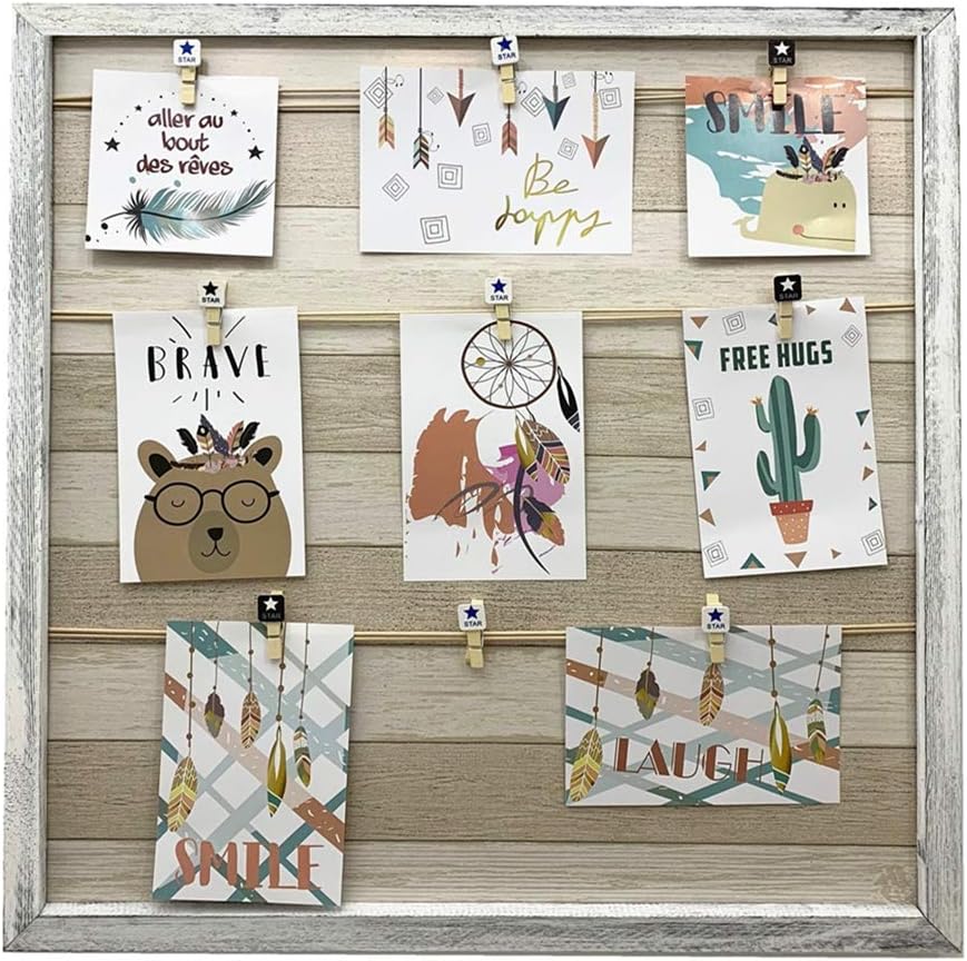 Solagua 15 models of wooden wall frame with rope support and small decorated clothespins, vintage clip picture holder (Broken white, 52 x 52 cm)
