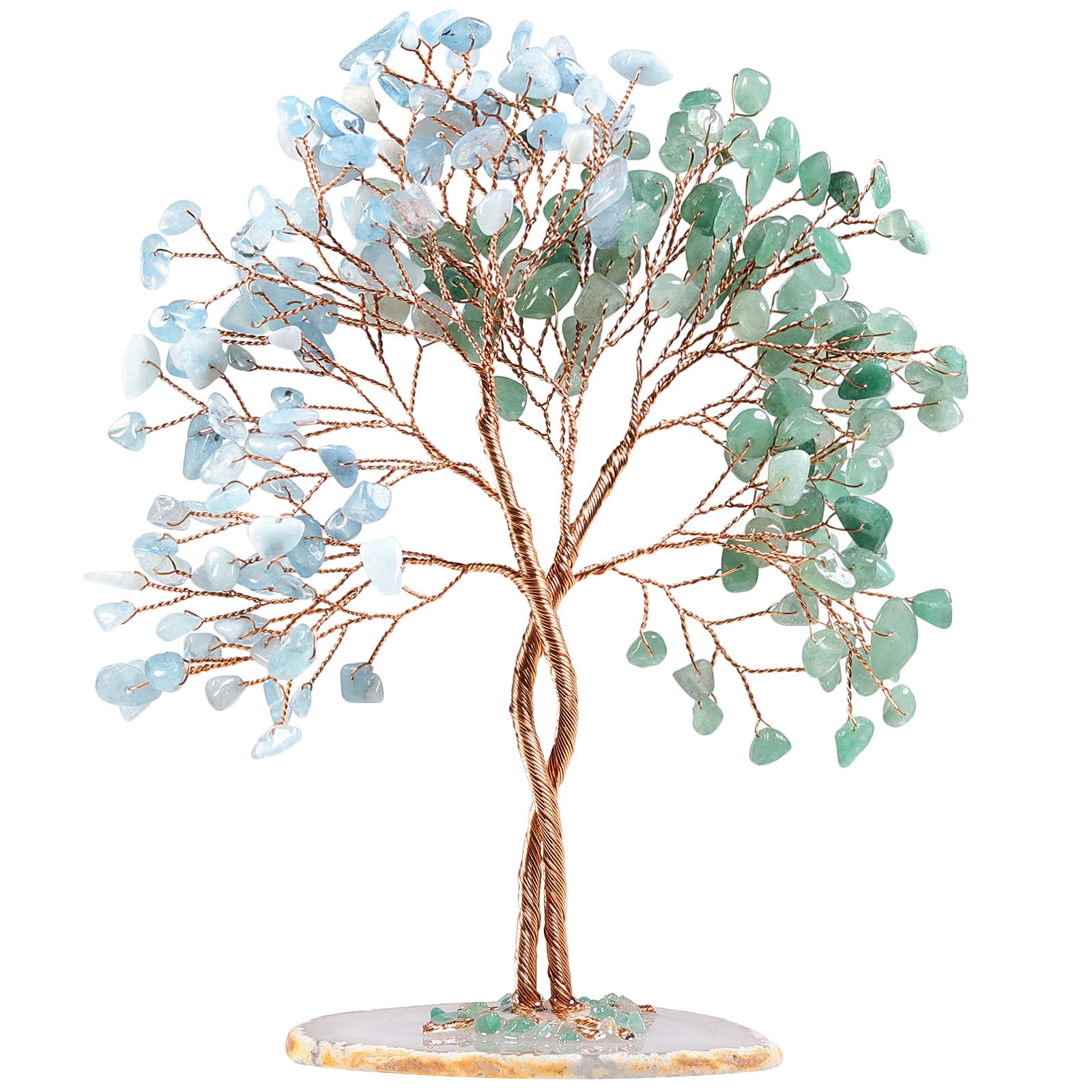 Nupuyai Green Aventurine & Aquamarine Twining Crystal Money Tree with Agate Slice Base, Love Stone Tree Ornament Fengshui Figurines for Home Office Wedding Decor