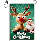 Merry Christmas Garden Flag 12x18 Inch Double Sided Outside,Santa Deer Xmas Happy Holiday Season Yard Flags,Burlap Welcome Small Garden Flags Vertical Banner for Outdoor Decoration