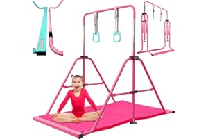 PreGymnastic Updated Folding Gymnastics Bar with Rings, Foldable Kip Bar with Sturdier Base, Gymnasitc Training Bar for Kids Ages 3-10, Gymnastic Horizontal Bars, Home Gym Equipment for Boys Girls