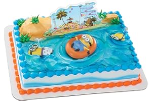 DECOPAC DecoSet® Despicable Me Beach Party Minions Cake Topper, 4-Piece Set with Keepsake Minion Figure, 2 Layon Picks,1 Laydown Image, Create Fun Cakes or Cupcakes, Food Safe
