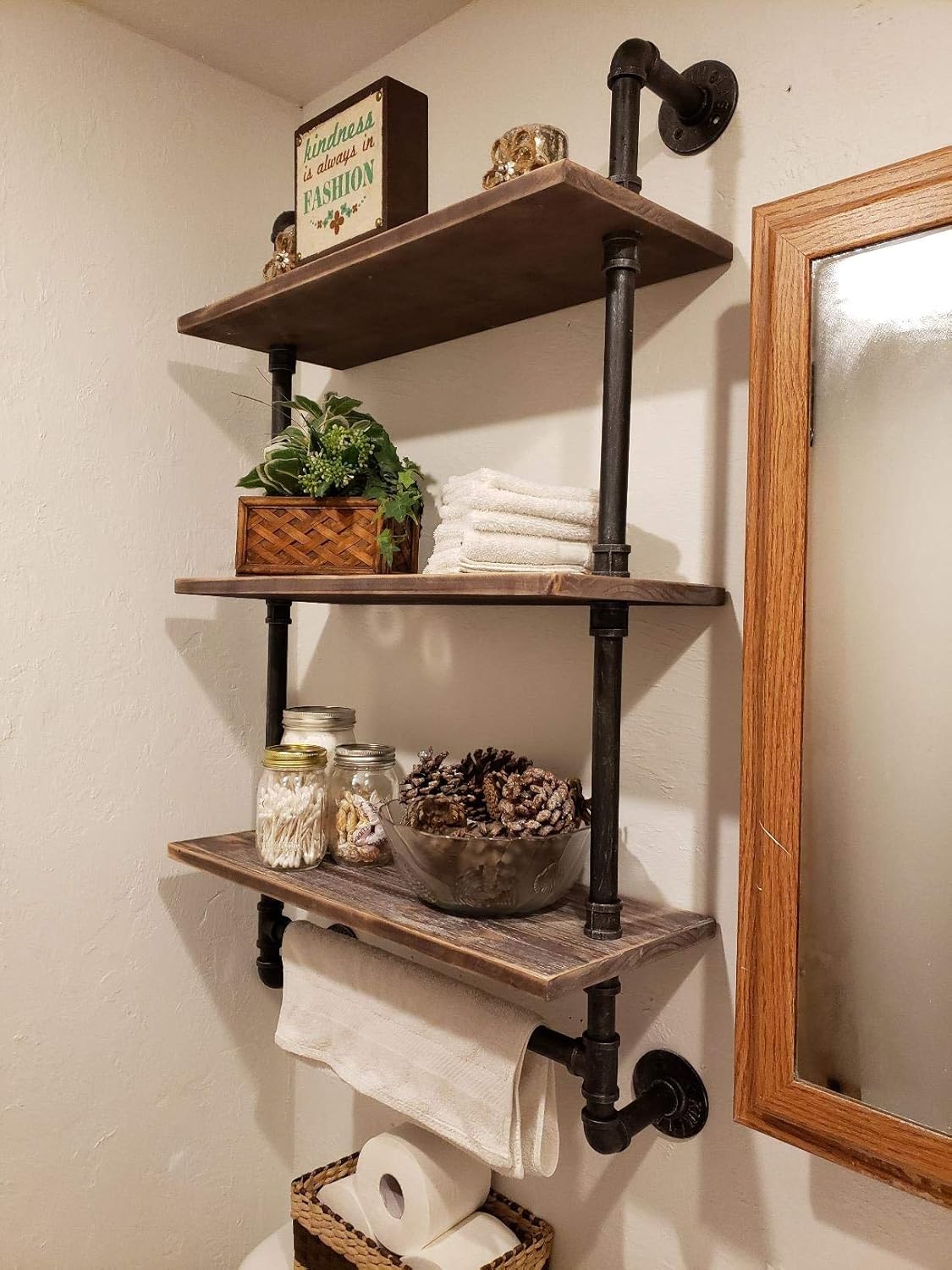 Industrial Pipe Shelf, Rustic Wall Shelf with Towel Bar, 24" Towel Racks for Bathroom, 3-Layer Pipe Shelves Wood Shelf Shelving (3-Layer) - - 