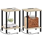 TUTOTAK End Table with Charging Station, Set of 2, Small Side Table with Outlets, Nightstand Bedside Table, 2-Tier Storage Shelf for Small Space, Living Room, Bedroom Oak TB01BO041