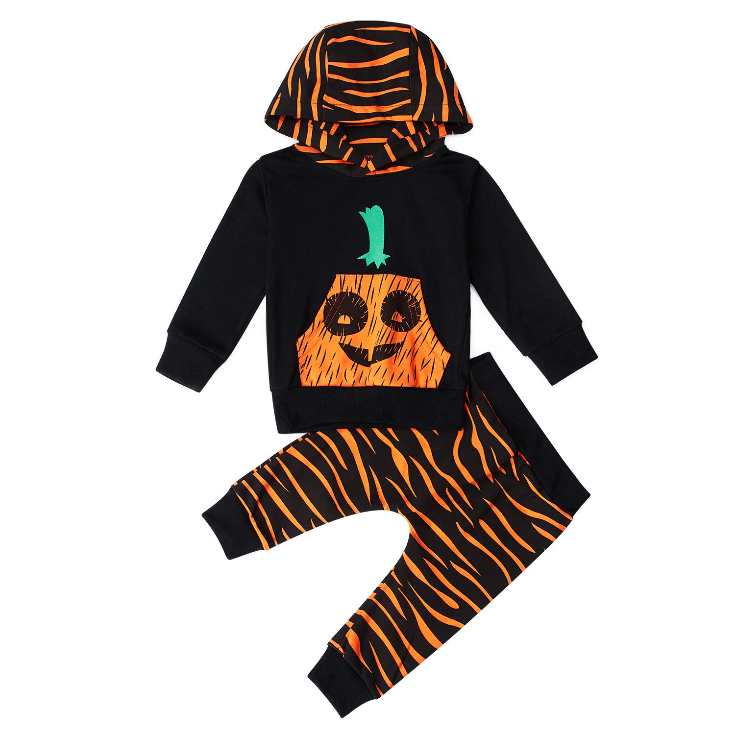 RAISEVERN Unisexe Bébé Filles Garçons Halloween Citrouille Imprimer Vêtements Ensemble À Manches Longues À Capuche Outfit Noir 0-3 mois