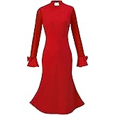 Mambabacosp Trumpet Long Sleeve Mesh Church Dress Clergy Tab Insert Collar Priestess Dress